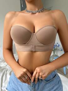 Women Solid Color Front Closure Strapless Bra - Coffee Brown - View 3