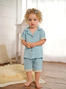 SHEIN Baby Girls' Simple Lake-Blue Short-Sleeved Shorts Casual Two-Piece Homewear Set - Blue - View 3