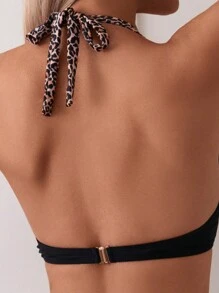 SHEIN Swim Conjunto de bikini sexy con cuello halter y estampado de leopardo para mujeres, ideal para vacaciones