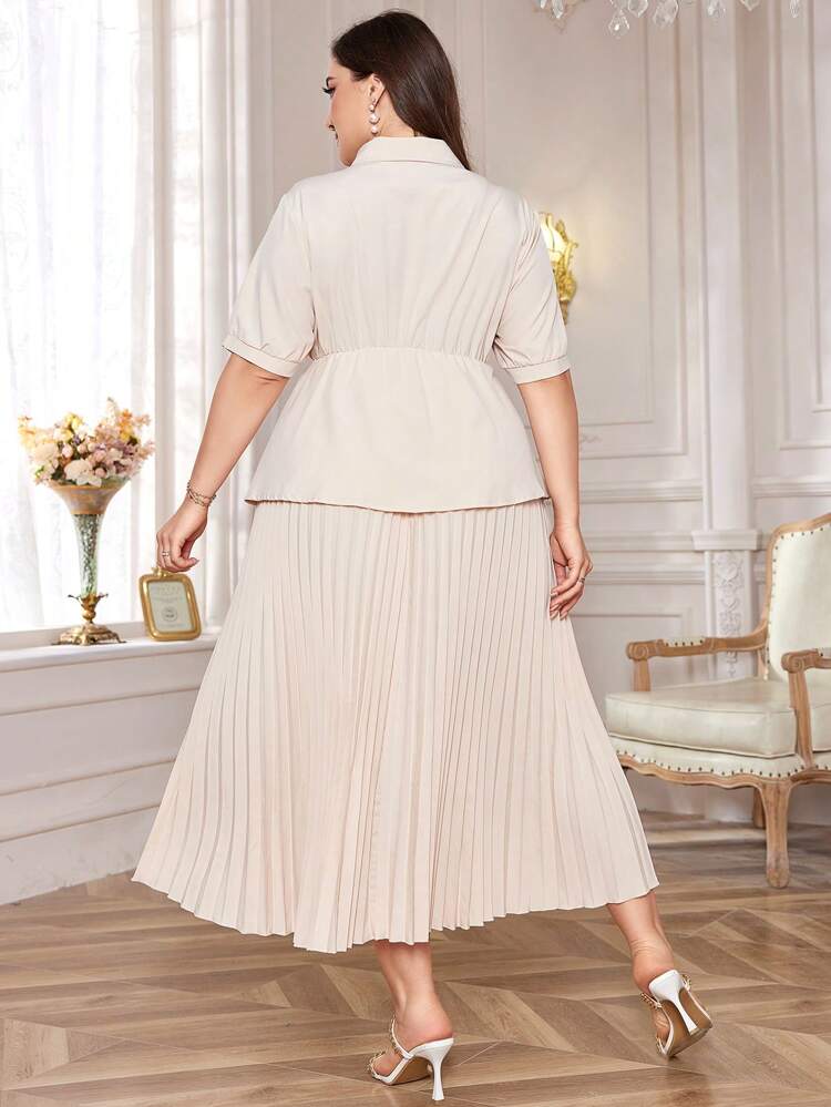 Plus Size Summer Elegant Solid Color Short Sleeve Waistband Pleated Hem Dress