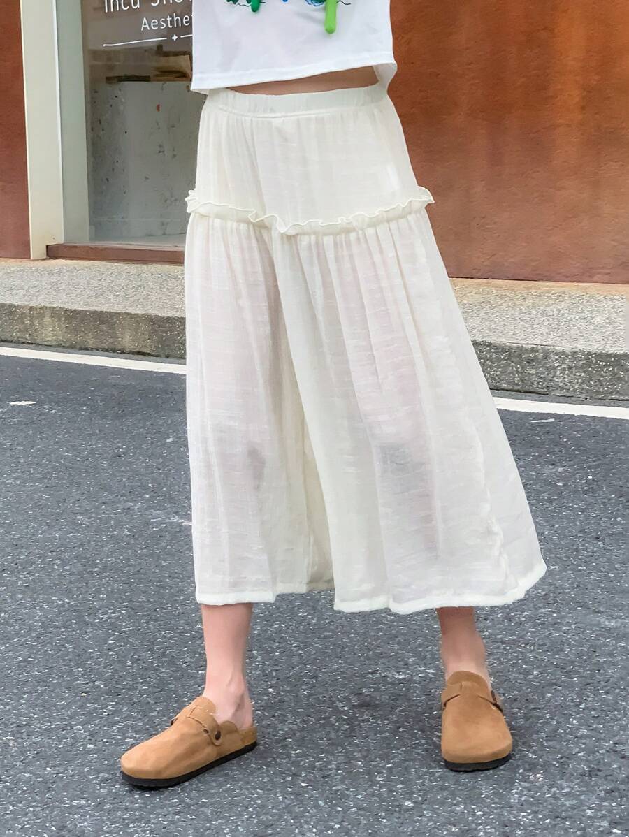 SHEIN Tween女孩純色簡約休閒度假長褲 - 杏色 - 查看 1