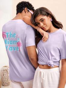 Manfinity VCAY Áo thun nam ngắn tay dệt kim in hình cây dừa cho mùa xuân hè - Màu tím - Xem 4