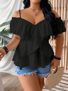 SHEIN Unity Pure Plus Size Solid Color Romantic Ruffled Sleeve Design Camisole Shirt Peplum Top - Black - View 4