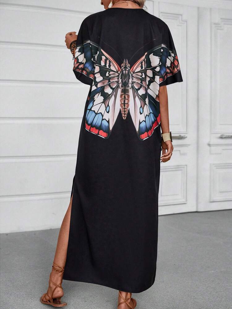 Summer V-Neck Butterfly Pattern Batwing Sleeve Split Dress