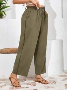 SHEIN Frenchy Plus Size Women's Fashionable Loose Solid Color Summer Pants - Army Green - View 3