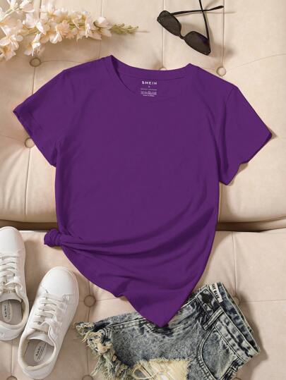 INAWLY Camiseta casual de mujer para el verano, unicolor, cuello redondo y manga corta
