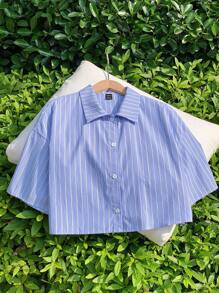 Comfortcana Blue Striped Loose Cropped Shirt