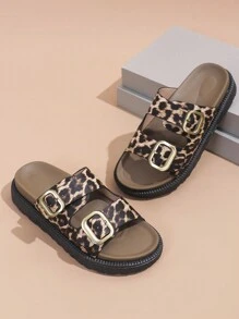 女士 PU 扣装饰凉鞋，黑色，豹纹，拼色，厚底时尚鞋，沙滩拖鞋 - 彩色 - 查看 7