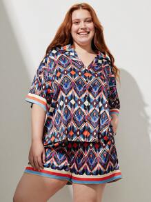 LUVLETTE Bộ đồ ngủ lụa ngắn in họa tiết cổ điển thời trang dành cho nữ Plus - Màu xanh hải quân - Xem 3