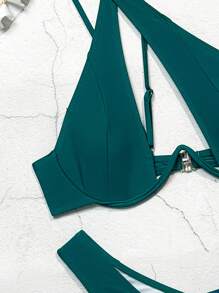 SHEIN Slayr Women's Holiday Solid Color Asymmetrical Neck Hollow Out Sexy Bikini Set, With Underwire Push Up,Summer Beach - Dark Green - View 5