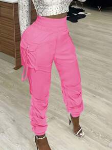 EMERY ROSE Pantalones de carga informales de cintura alta de unicolor con pliegues delanteros y pierna cónica - Rosa Fucsia - Ver 4