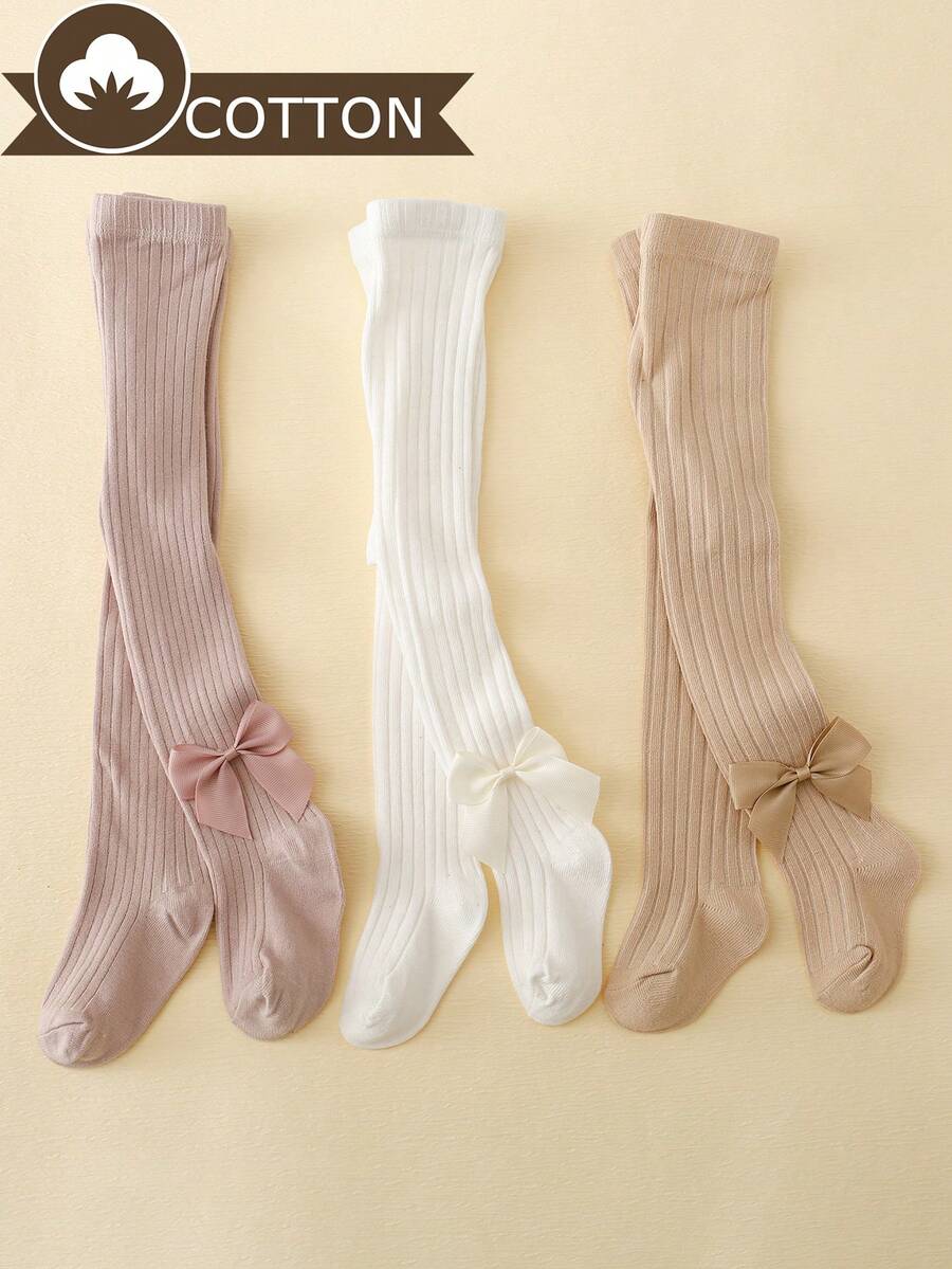 3 chiếc tất có nơ màu trơn dành cho bé gái, thích hợp để mặc hàng ngày - Nhiều màu - Xem 1
