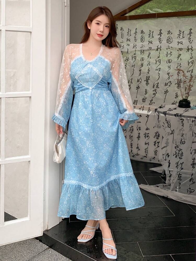 Women's Round Neck Mesh & Lace Patchwork Ruffle Edge Long Sleeve Vacation Dress Sundress Floral Dresses For Women