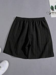 男士休闲纯色提花网球短裤，带口袋，夏季 - 黑色 - 查看 2