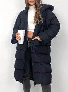 EURMUSE Zipper Front Hooded Puffer Coat - Navy Blue - View 3