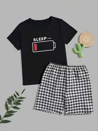 Tween Boy zwart-wit geruite short met print en zwarte casual 2-delige homewear-set met korte mouwen