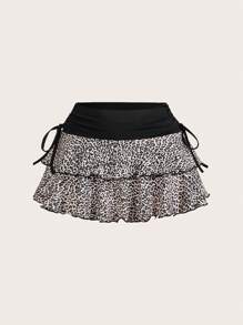 SHEIN EZwear Váy mini xếp nếp in họa tiết da báo có viền chắp vá cho mùa hè - màu đen - Xem 1