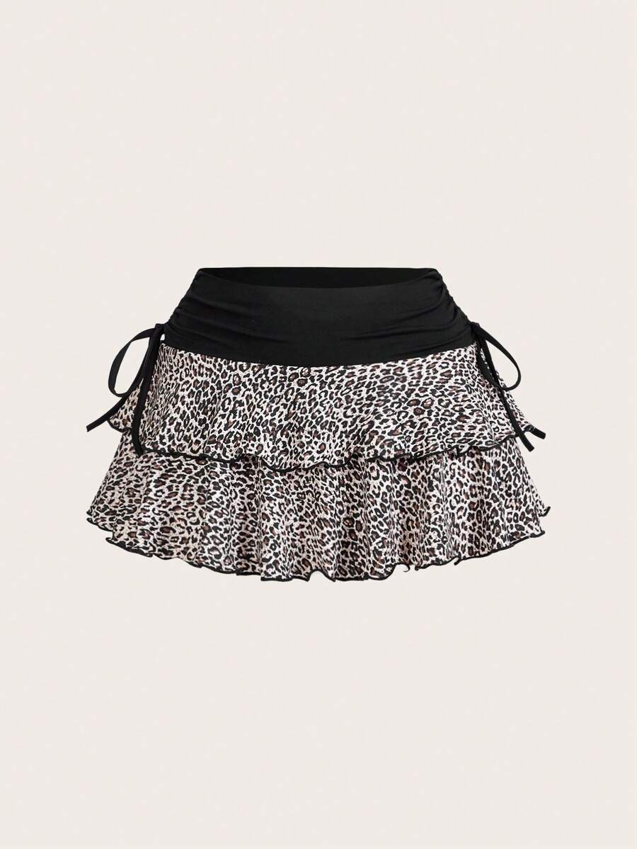 SHEIN EZwear Váy mini xếp nếp in họa tiết da báo có viền chắp vá cho mùa hè - màu đen - Xem 1