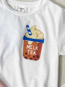 SHEIN 3 件/套小男孩休閒短袖 T 卹,配薯條、爆米花和珍珠奶茶印花,街頭風格,夏季 - 彩色 - 查看 6