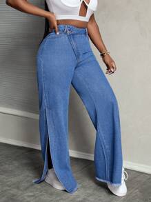 SHEIN Slayr Quần jean ống rộng xẻ tà lưng cao bất đối xứng dành cho nữ - Rửa trung bình - Xem 7