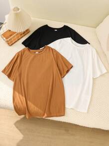 SHEIN Tween Boys Extended Size Casual All-Match Round Neck Short Sleeve Knit T-Shirt, Multi-Pack(3pcs), 3 Colors(1pc Each)