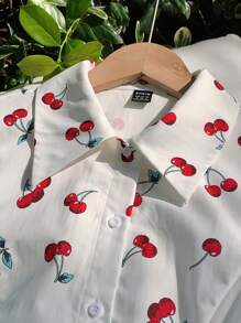 Comfortcana Top corto informal de verano para mujer con estampado de cerezas en toda la prenda - Blanco - Ver 4
