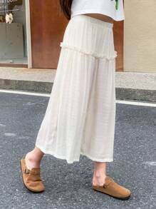 SHEIN Tween女孩純色簡約休閒度假長褲 - 杏色 - 查看 3