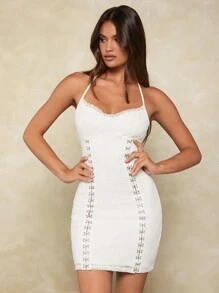 Forever 21 White Lace-Up Halter Neck Gingham Checkered Dress - White - View 9