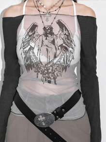 Women's Summer Angel Printed Mesh Off-Shoulder Long Sleeve Top - Black and White - View 1