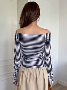 DAZY Women's Spring And Summer Off-Shoulder Long Sleeve Striped Casual T-Shirt - Navy Blue - View 2