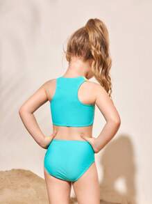 SHEIN 适合夏季海滩的年轻女孩拼色拼接两件套比基尼 - 彩色 - 查看 3