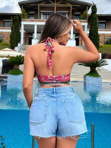 SHEIN SXY Vacation Summer Beach Seaside Holiday Retro Pattern Printed Halter Neck Crop Top For Women