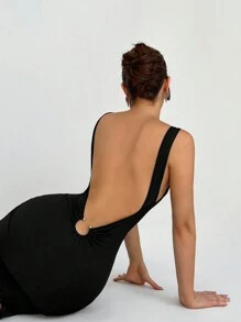 Aloruh 黑色修身長派對禮服，背心設計 - 黑色 - 查看 2