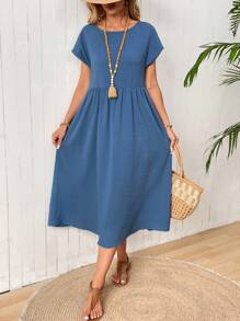 EMERY ROSE Women's Loose Solid Color Casual Dress With Slanted Pockets