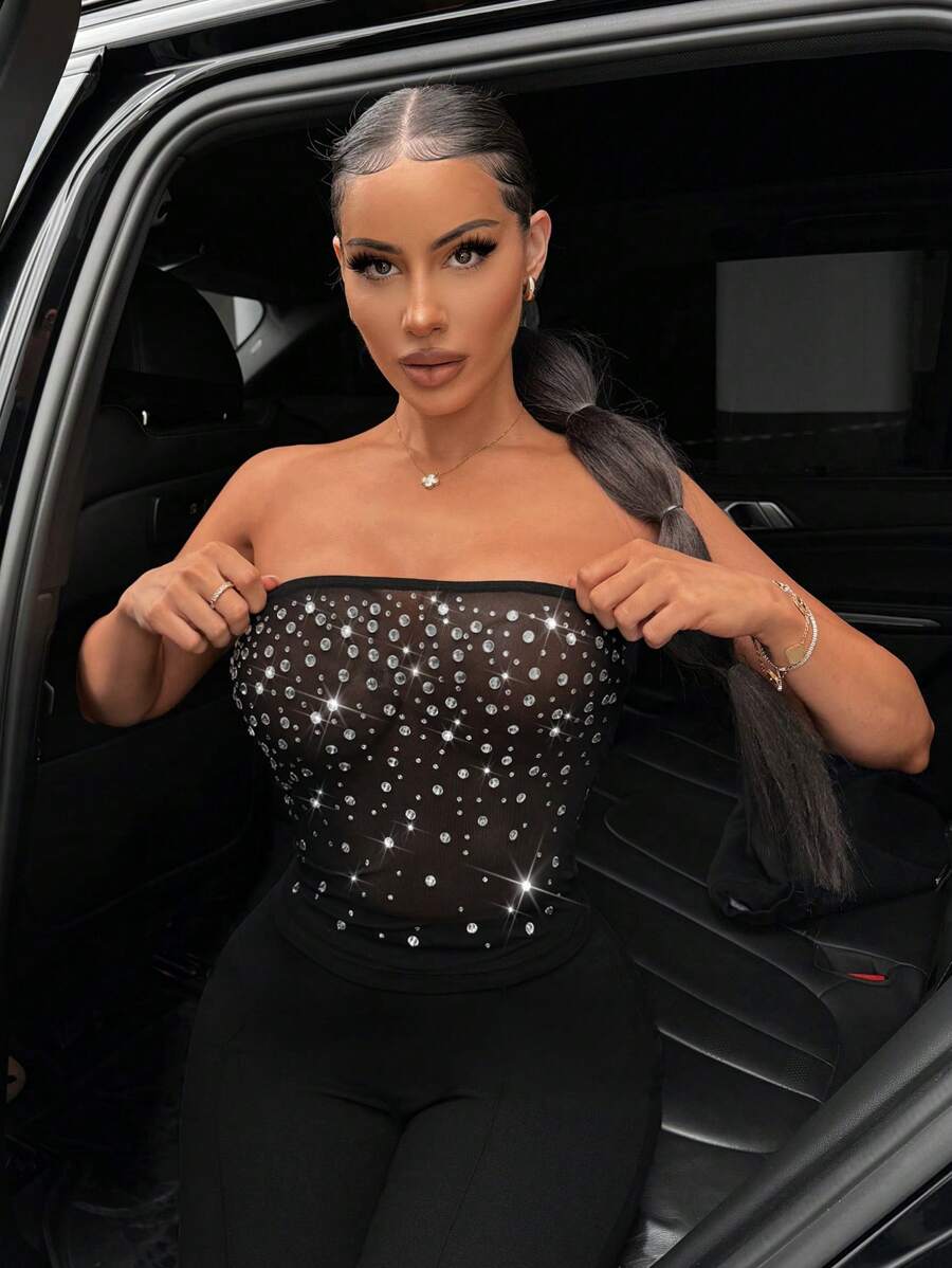 SHEIN SXY Grace Rhinestones Holiday Party Women's Music Festival Fashion Rhinestone Decorated Strapless Top