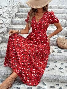 SHEIN LUNE Women's Leopard Print V-Neck Short Puff Sleeve Long Casual Summer Holiday Dress - Red - View 5