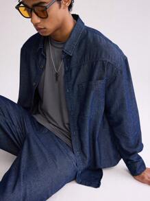 Forever 21 Áo sơ mi denim có túi thời trang thông thường dành cho nam giới - Màu xanh lam - Xem 5