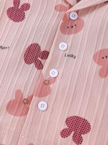 嬰兒女孩荷葉粉兔頭印花長褲連短袖針織衫休閒兩件套裝，家居服裝 - 藕粉色 - 查看 4