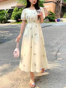 DAZY Kobiety Wakacje Bohemian Ditsy Floral Puff Sleeve Cinched Waist Dress Sukienka Letnia, Casual Women Dresses