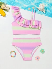 SHEIN Conjunto de bikini y traje de baño con volantes degradados lindos para niña pequeña, verano playa - Rosa Pálido - Ver 2