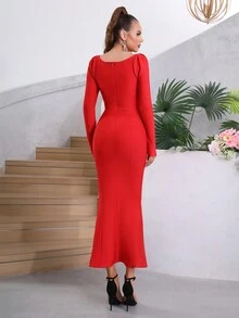 Modphy 紅色無肩方領鑽石修飾長袖人魚緊身包臀帶，適合婚禮伴娘或正式晚會