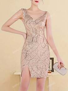 Vestido con cuello en V sin mangas, decorado con lentejuelas y cadena de cuentas, con abertura en el bajo. Vestido de gala formal elegante de mujer para fiestas de cóctel, bodas, graduaciones, cenas y fiestas de regreso a casa