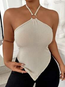 Calvaya Plus Size Summer Solid Color Asymmetrical Hem Halter Top - Apricot - View 4