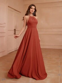 Aureia 成人伴娘礼服，带露背、低背、收腰、喇叭裙、不对称荷叶边下摆优雅连衣裙 - 鏽棕色 - 查看 4