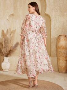 Plus Size Non-Positional Flower Round Neck Silk Chiffon Lantern Sleeve Floral Printed Waistband With Beads Elegance & Style Maxi Formal Dress Elegant Cocktail Semi Formal Prom Wedding Guest Dress, For Birthday, Graduation, Dinner, Homecoming - Pink - View 2