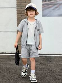 SHEIN 2pcs Young Boy Quick Dry Fabric Hooded Jacket & Shorts Set, Suitable For Summer Play - Multicolor - View 4