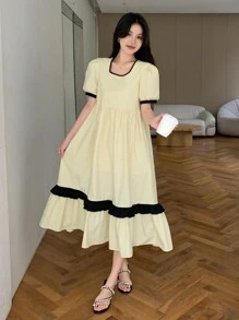 DAZY Women's Color Contrast Puff Sleeve Casual Daily Wear Short Sleeve Dress For Summer,Ruffle