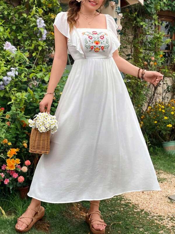 Dreamara Robe longue de style pastoral avec un sens rural pour les femmes de grande taille, avec manches courtes, couture au dos, imprimé de totem en dentelle et couture au dos