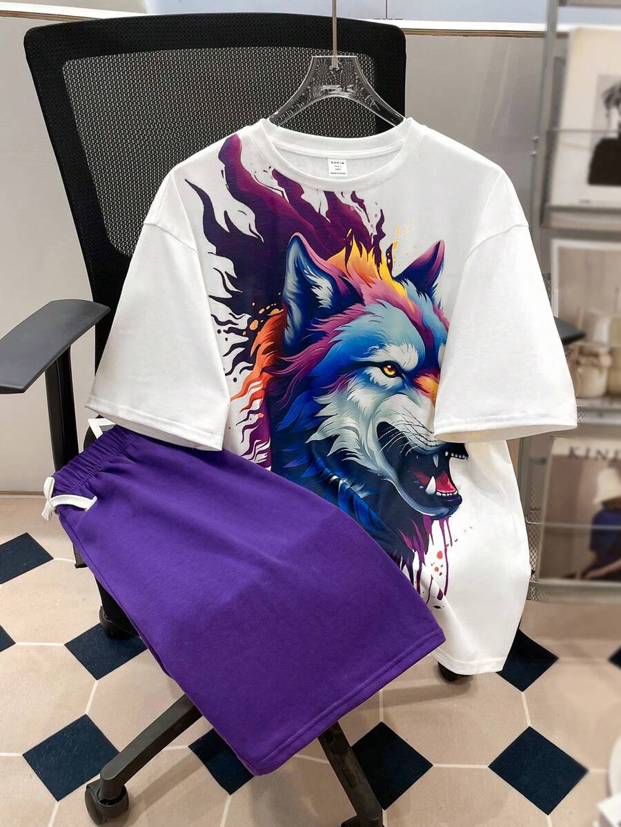 SHEIN 青少年男孩舒適狼紋短袖上衣和純色短褲組合，適用於春夏季 - 紫色 - 查看 1