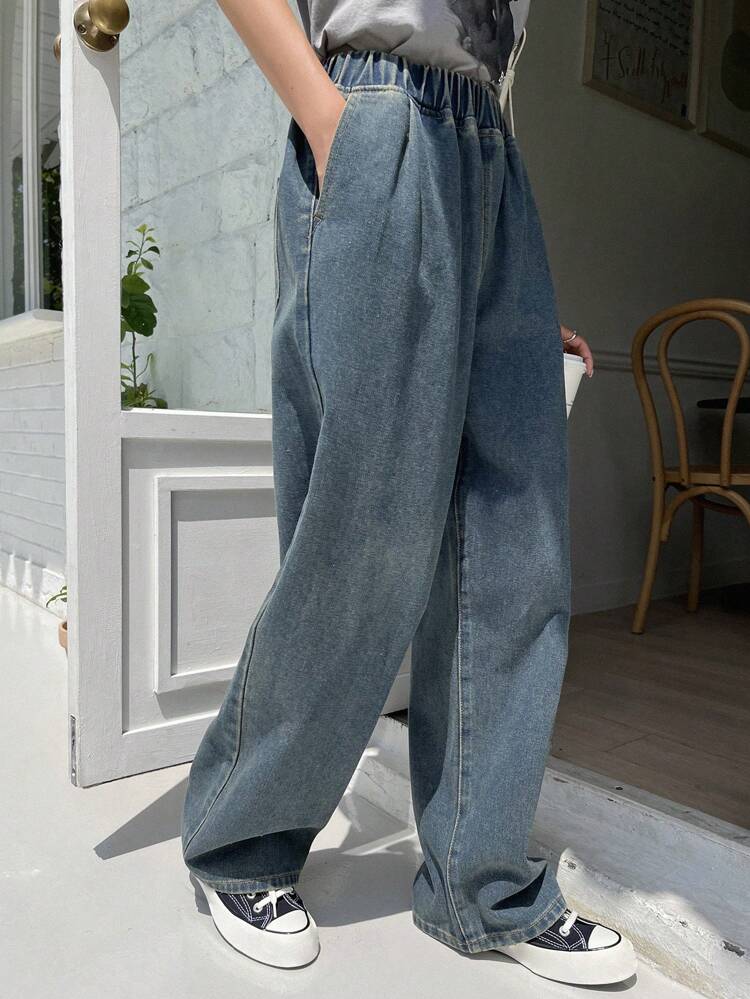 Women's Elastic Waist Wide Leg Loose Casual Denim Pants,Baggy Jeans